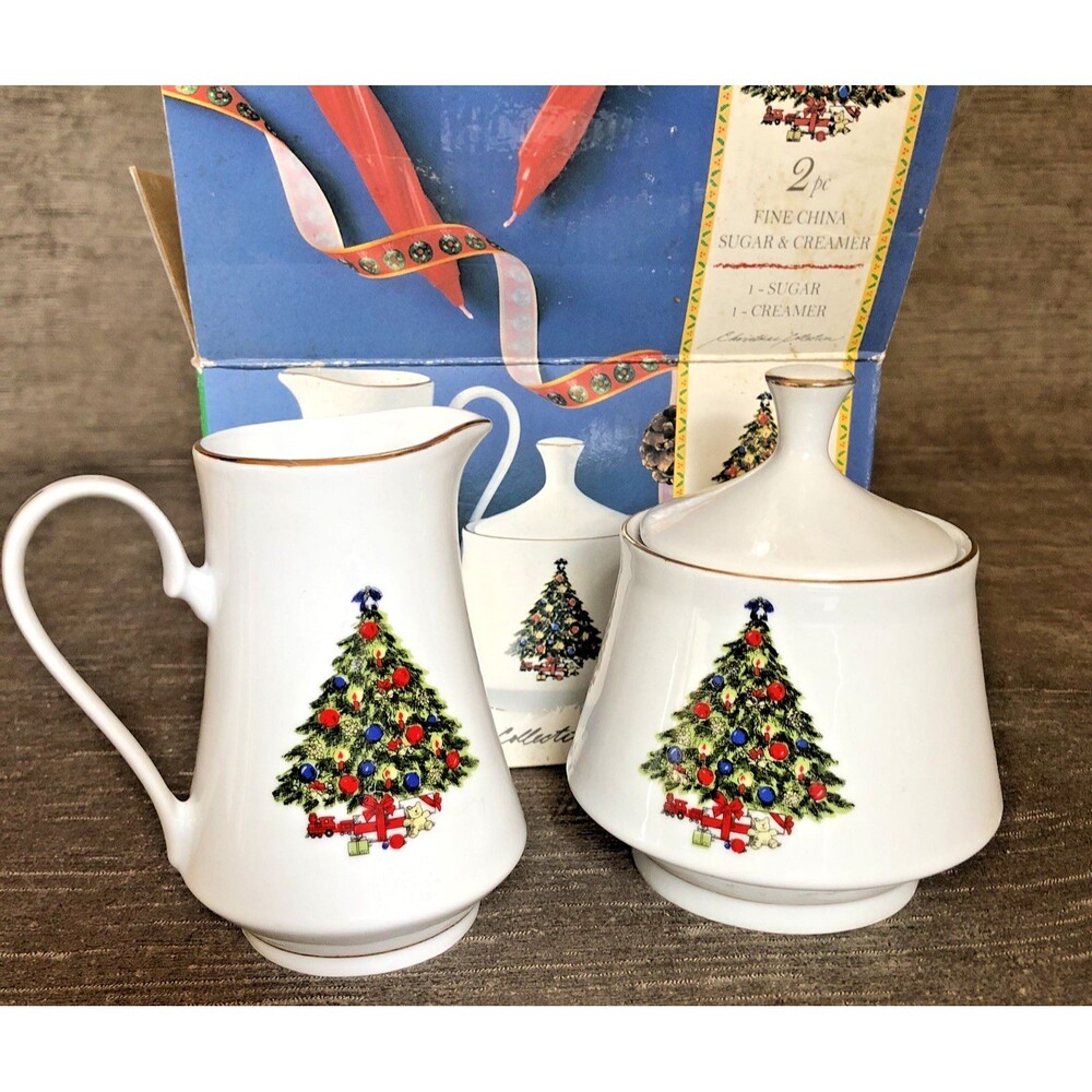 2 Pc Fine China Sugar Creamer Christmas Collection Dish Set Trisa Porcelain Vtg